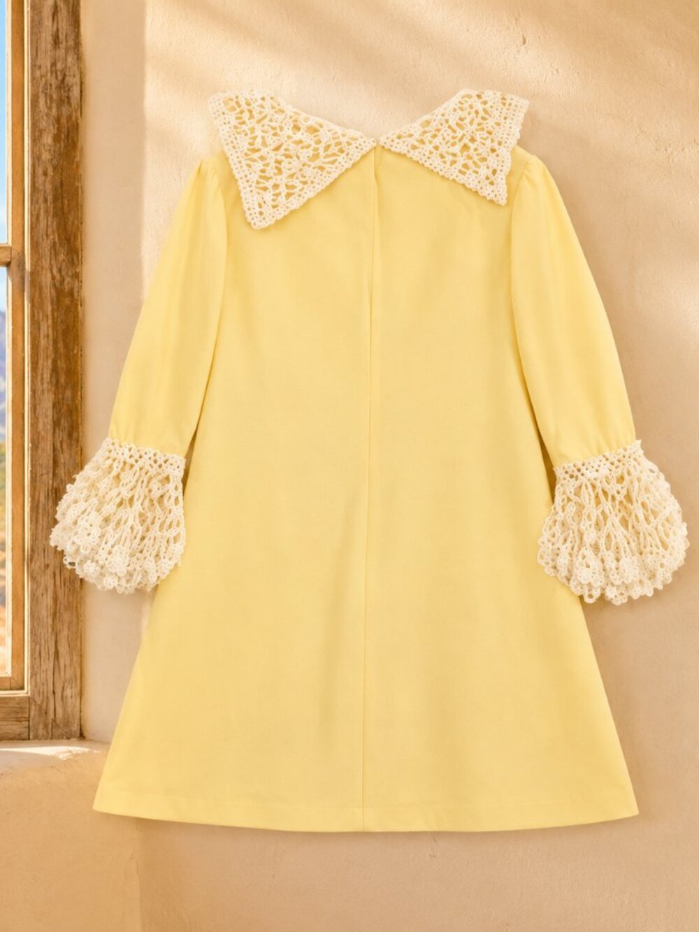 One-Owner 1960s Yellow Mini Dress with Crochet Lace Collar & Cuffs -